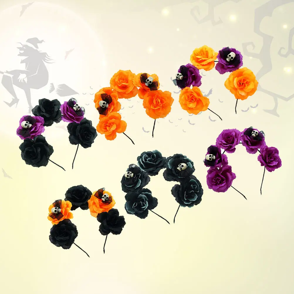 

6Pcs Skull Hair Hoop Halloween Headwear Simulation Flower Headband Costume Party Headdress Cute Kids Holiday Accessory
