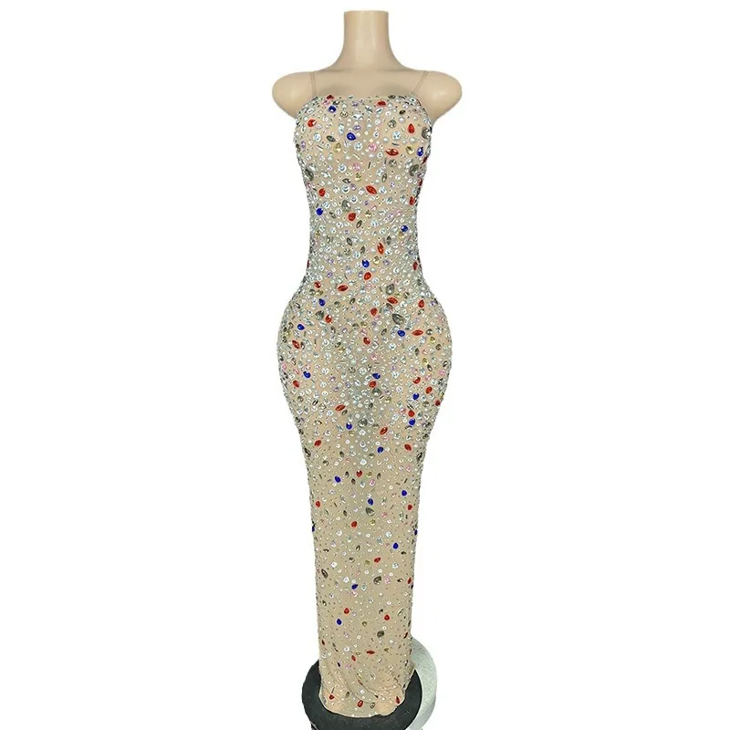 

Sleeveless Long Evening Dress - Chest Wrap, Suspenders, Halter Waist, Glam Slim Fit Colored Rhinestones, Super Flash For Banquet