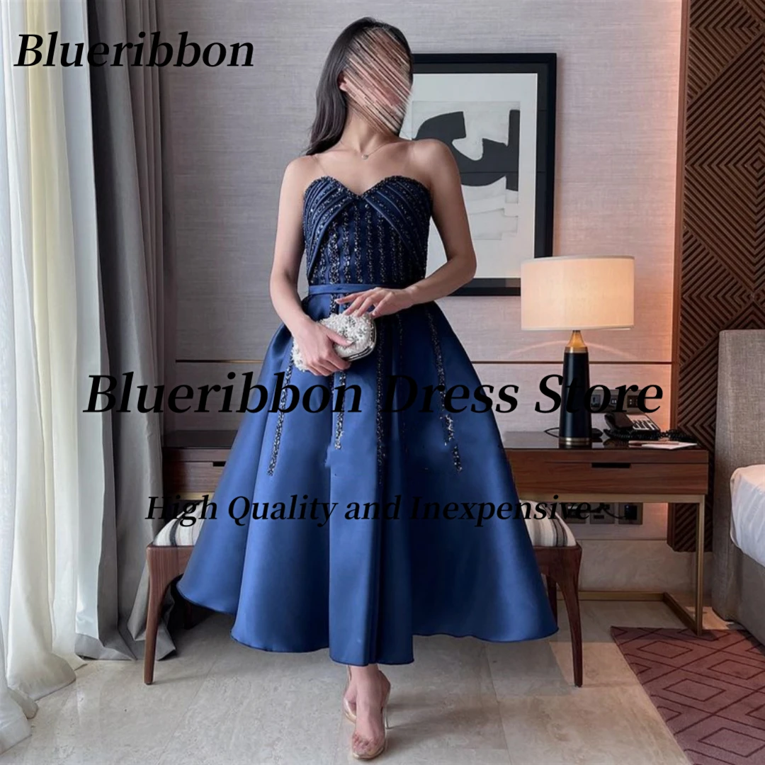 

Blueribbon Navy Satin Short Prom Dresses Sweetheart Beaded Strips Homecoming Party Girls Wear A Line Wedding Banquet Gowns