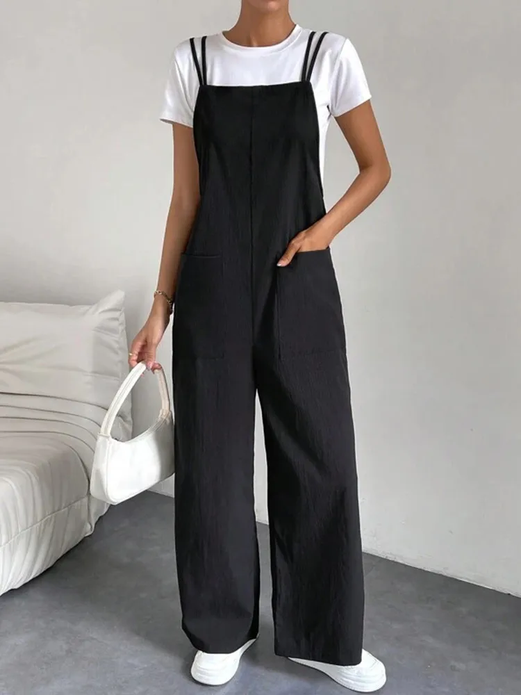 Fashion Casual Women\'s Soild Black Color Pants Pocket Double Shoulder Thin Shoulder Straight Overalls Wide-leg Long Pants