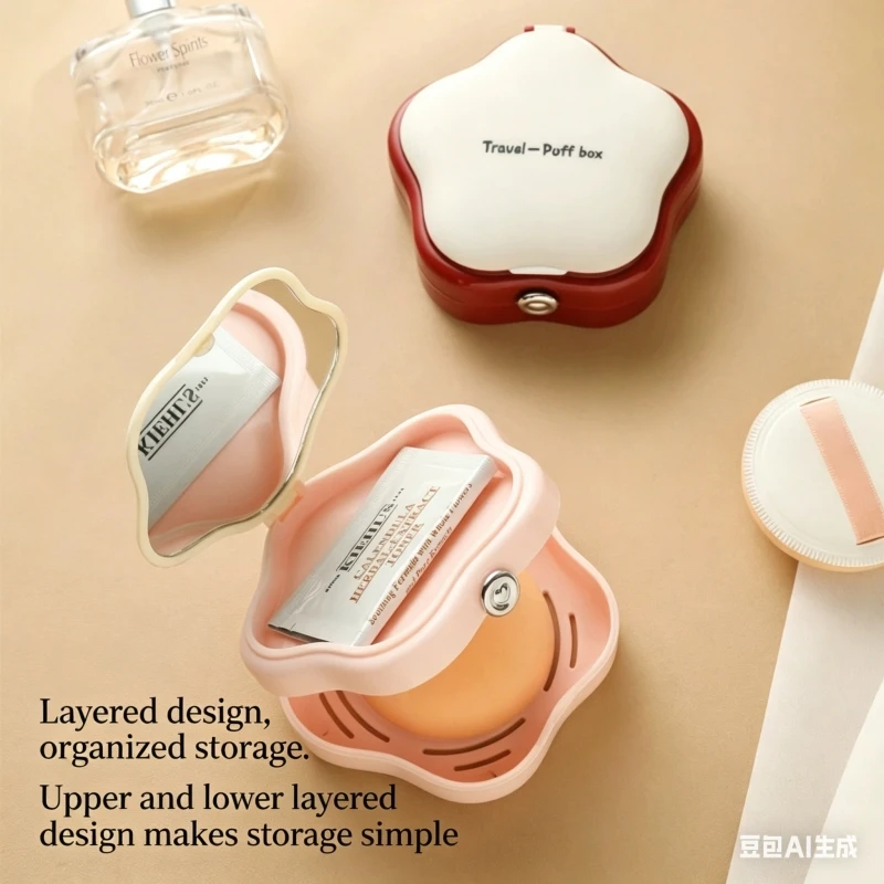 Portable travel powder puff storage box, high-value student breathable powder puff with mirror, dust-proof makeup box