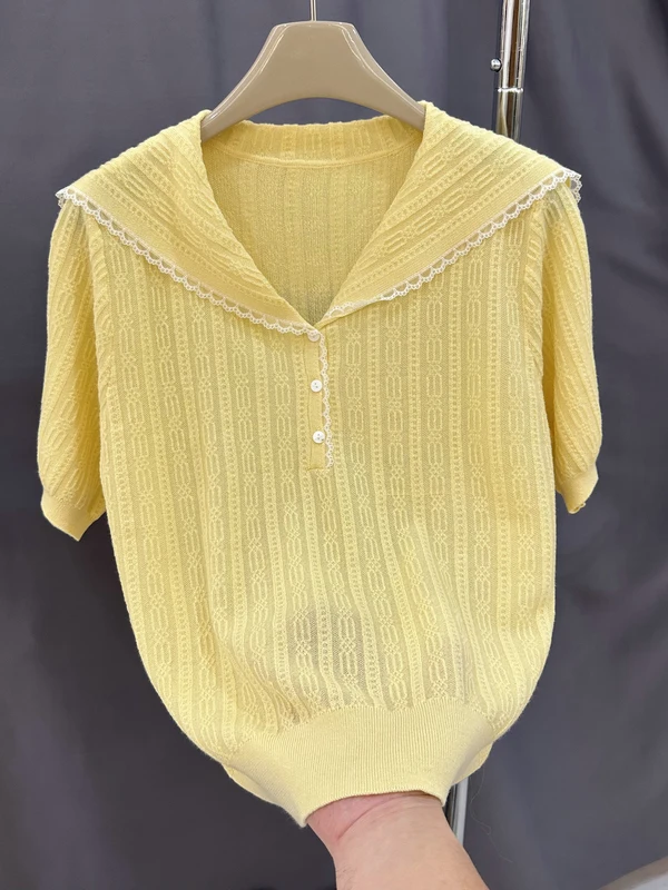 

Sweet Lace Trimmed Navy Collar Knitted Sweater Silk Half Button Women's Style Spring Summer College Fashion Small Shirt