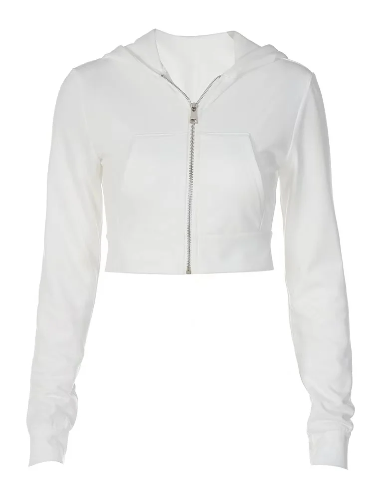 TVVOVVIN American Style Sports Grey Hooded Sweatshirt Women Zipper High Waist Short Long-sleeved Tops Short Hoodie 027D