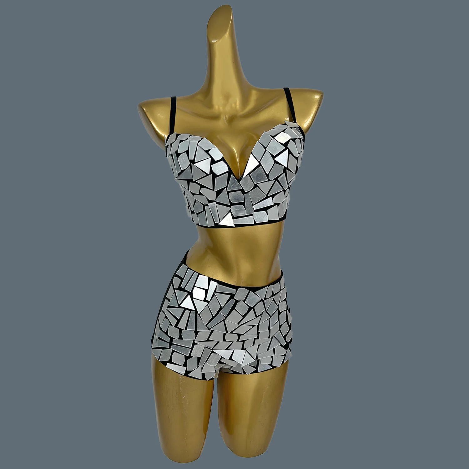 Sparkly Mirrors Sequins Stage Performance Set Sexy Women Nightclub Party Carnival Crop Tops Tight Shorts Showgirl Wear Niaobei