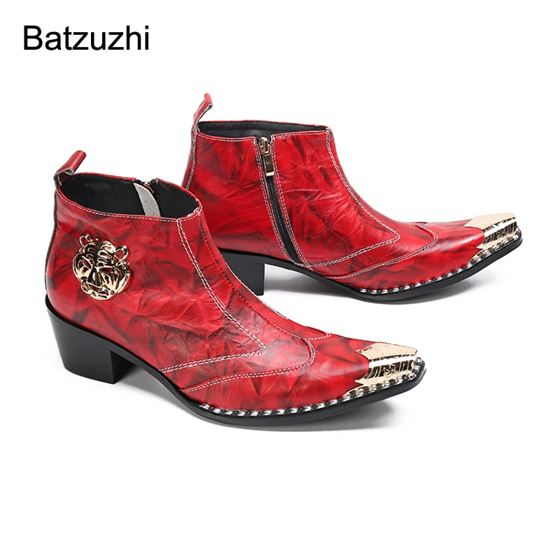 Batzuzhi Handmade Boots Men Western Fashion Pointed Golden Iron Toe Leather Ankle Boots for Men Red Party, Wedding Botas Hombre!