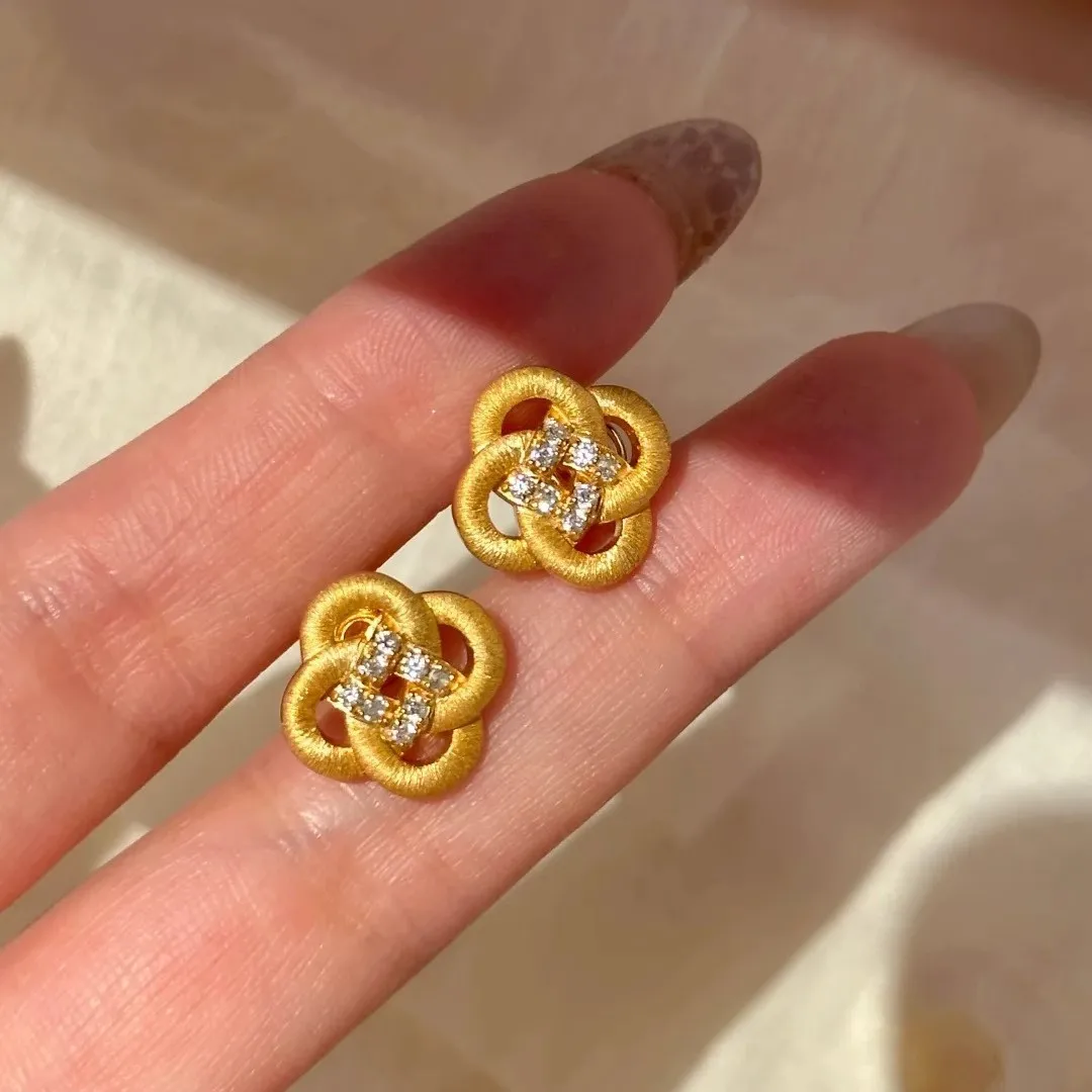 9999 gold brushed Chinese knot stud earrings for women, elegant style, brushed micro-set, high-end feeling, Chinese knot earring