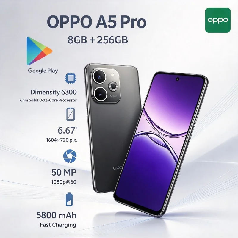 2026 All-New OPPO A5 Pro 5G Global Edition 8GB+256GB 5800mAh battery 45W fast charging AI dual camera Dual SIM