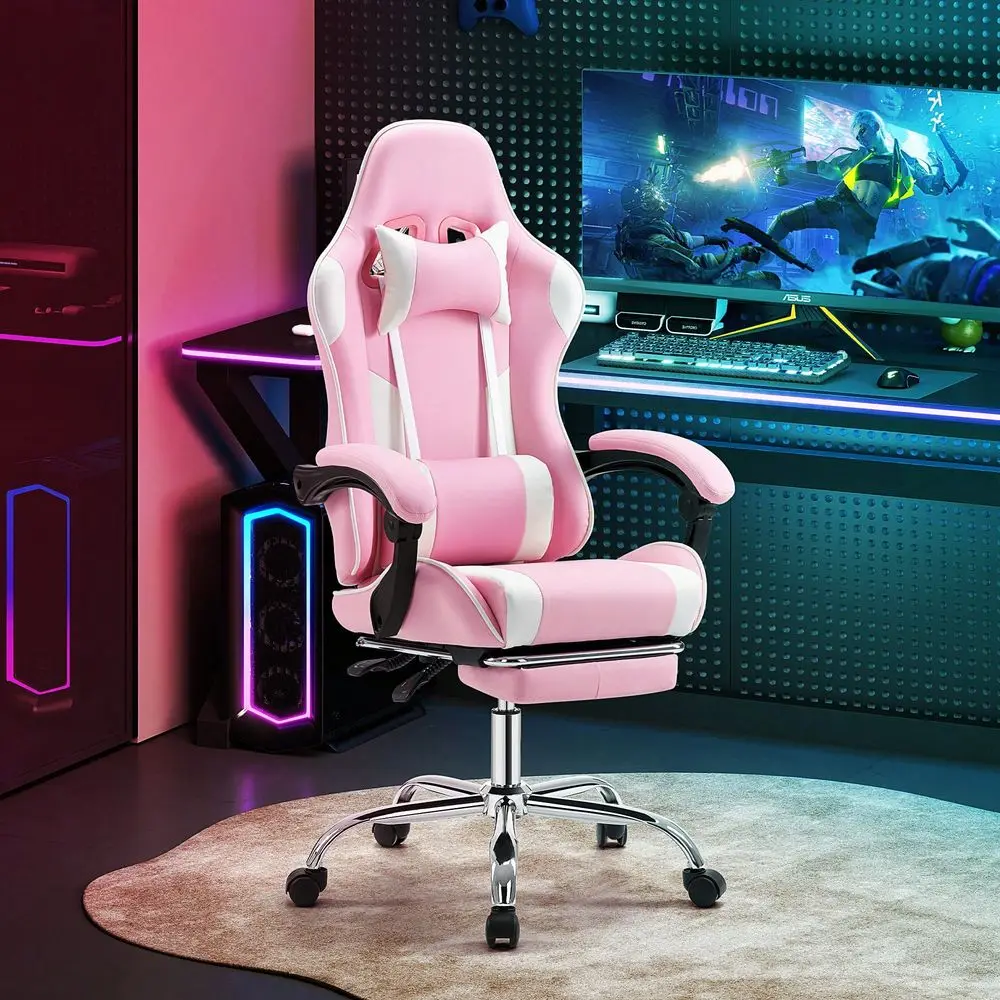 

Ergonomic Gaming Chair With Lumbar Support Footrest, PU Leather Lounge Chair With Adjustable Headrest Fixed Armrests, 360 Rotat