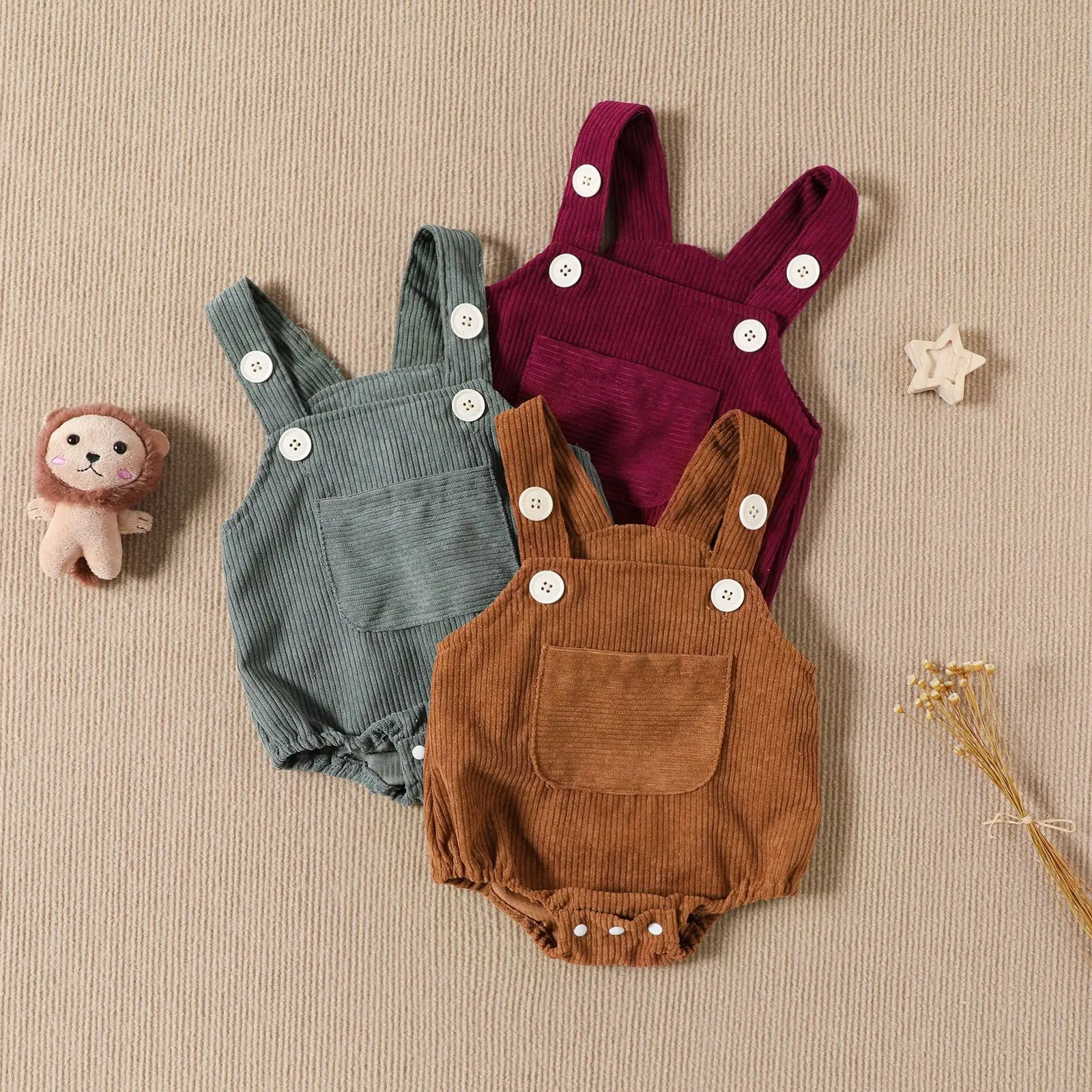 

3-Color Baby Baby Autumn Overalls Children's Corduroy Jumpsuit Solid Color Sleeveless Pocket