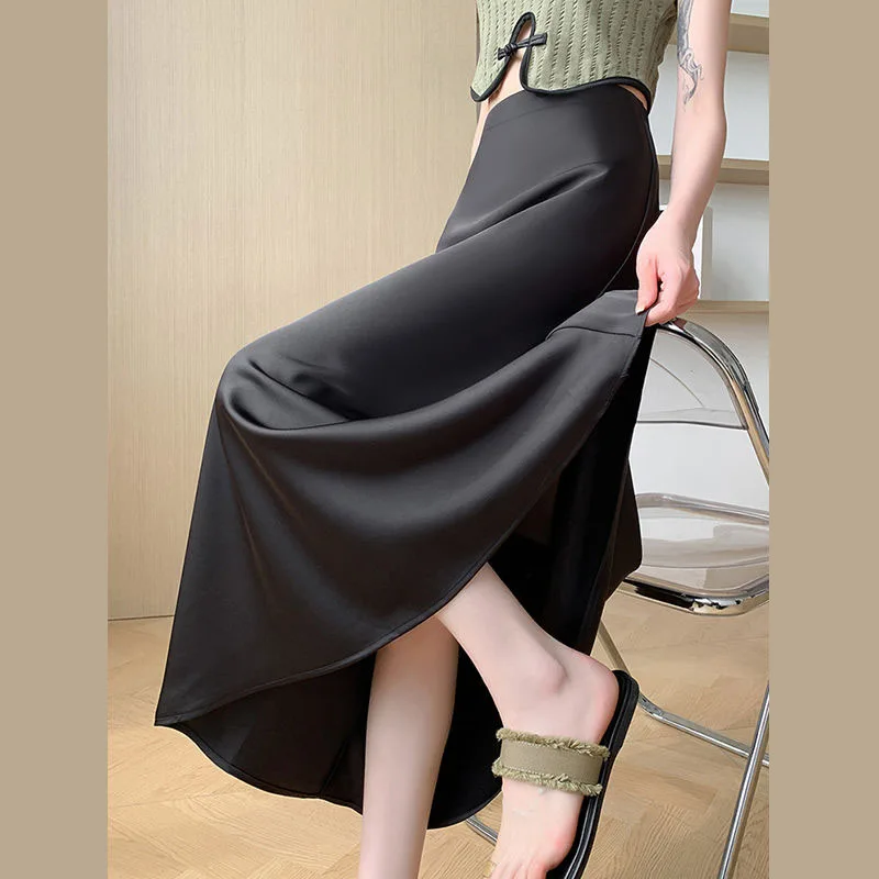 Ice Silk Satin Mermaid Skirts Woman Fashion Autumn Champagne High Waist A-line Skirt Women Cocktail Full Length Skirts Mujer