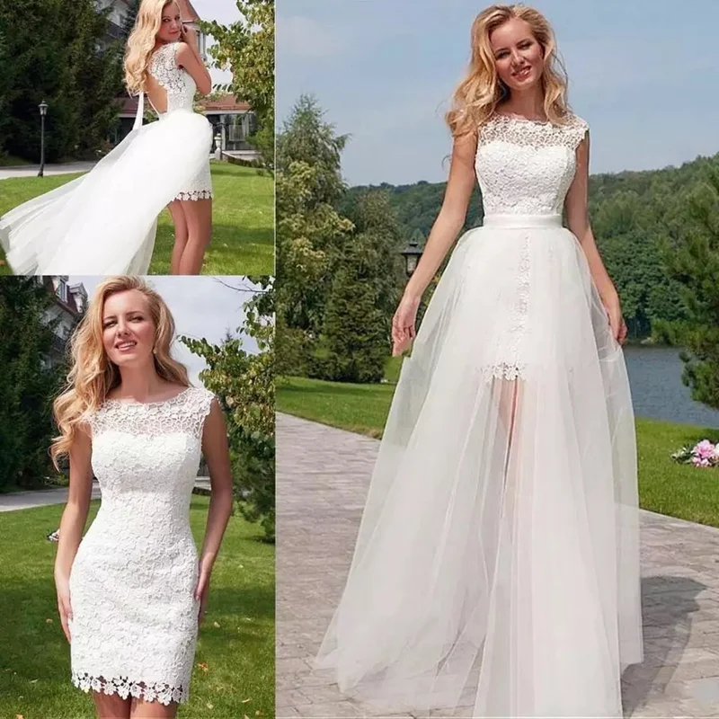 

Sirene 2025 Short Lace Tulle Wedding Dresses for Women with Detachable Skirt O-Neck Lace Appliques A-line Bridal Gown Customized
