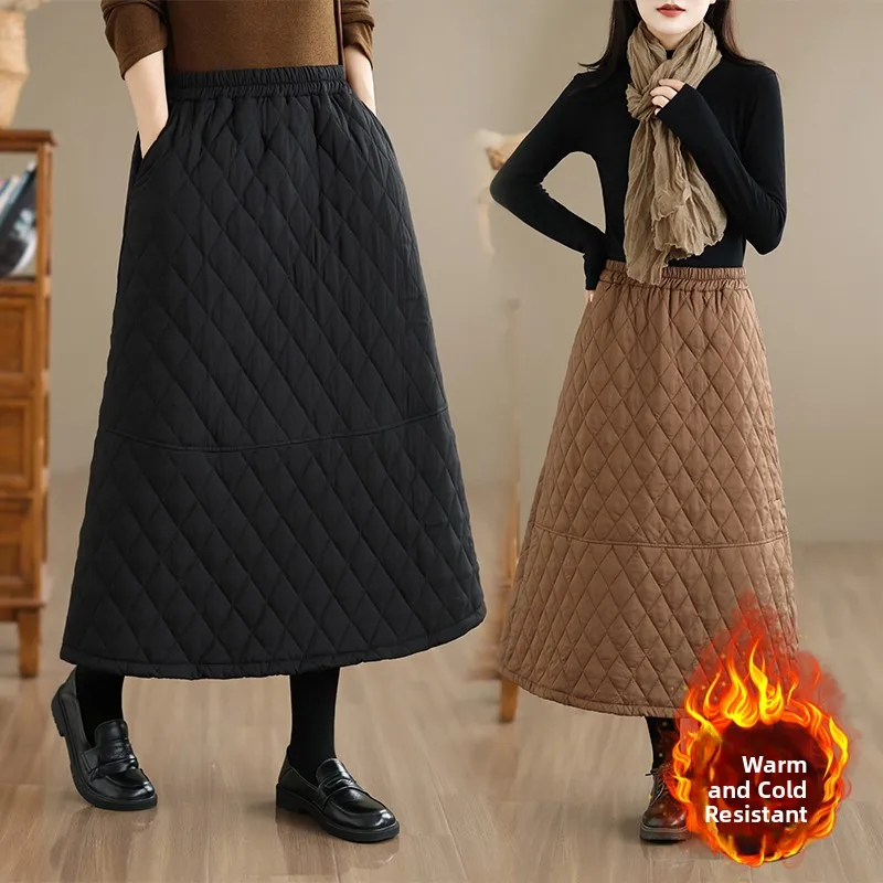 Winter Thickened Cotton Skirt High Waist Long A-Line Skirt Warm Windproof Washed Polyester Composite Fiber Ladies Skirt