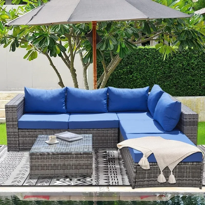 Wicker Patio Furniture Conversation Sets with Cushions, 5-Seater Small Outdoor Sectional Sofa Chaises Longues, Blue/Grey