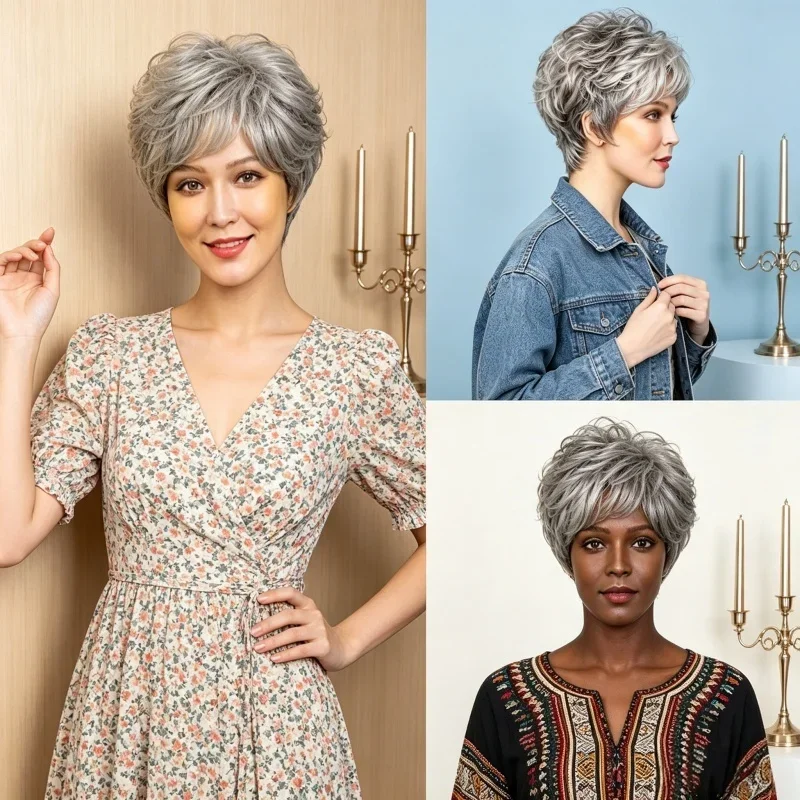 ショートグレーオンブレカーリー人毛コスチュームパーティーウィッグ（前髪付き）ソフトママヘア女性用ショートナチュラルウィッグ（日常使い用）