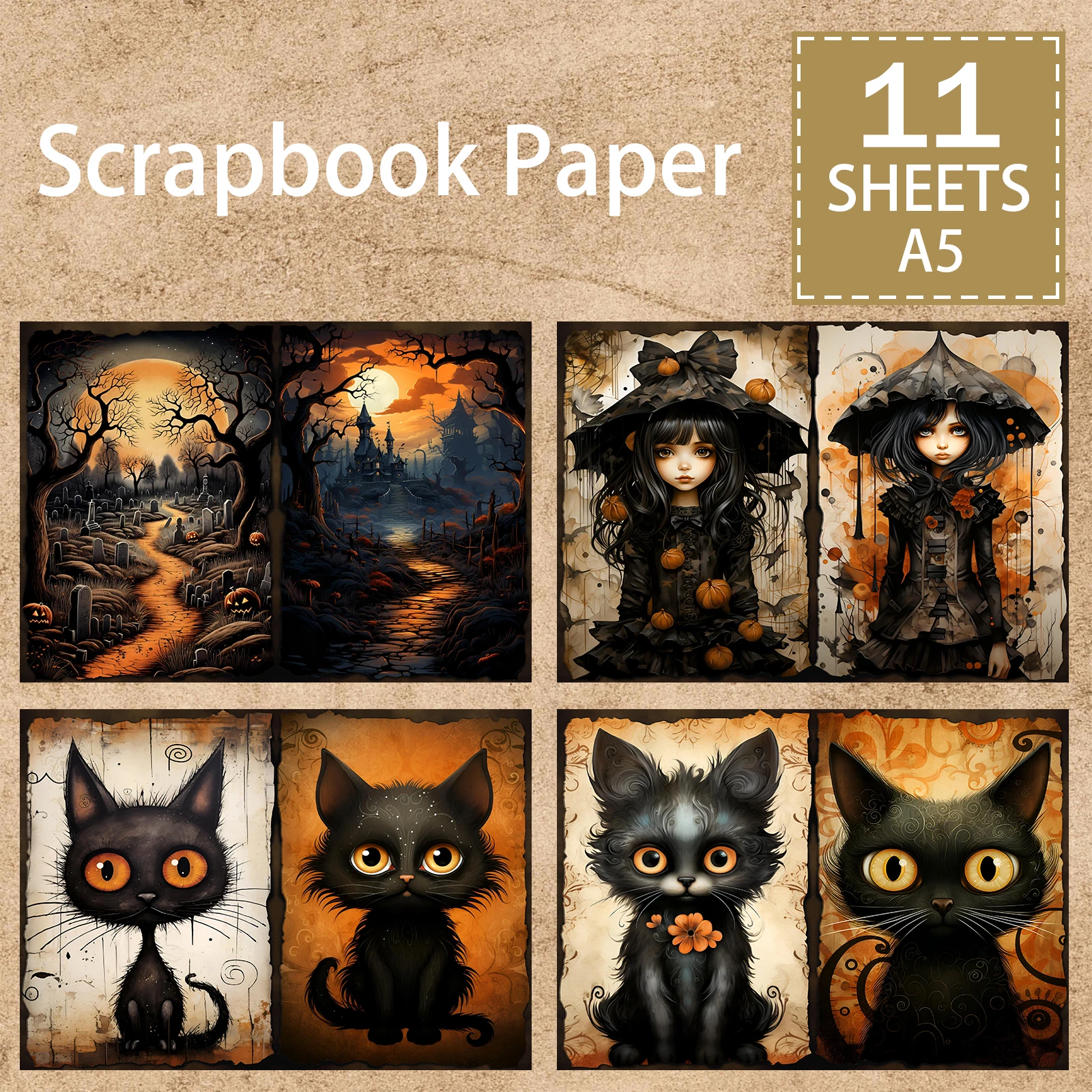 11 Sheets A5 Size Halloween Cute Black Cat Witch Bat Background Vintage Grunge Journal Planning Scrapbooking