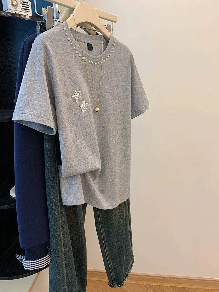 

Elegant Pearl Flower Embroidery Pure Cotton Short Sleeve T-Shirt Women's Loose Slimming Summer Casual Style Top