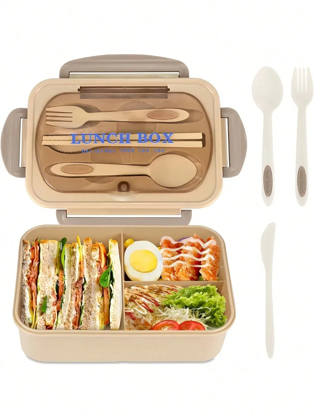 1Pc Bento Box Adult Lunch Box With 4 Compartments,Utensils, Sauce Jar, Muffin Liners, Microwave&Dishwasher Safe, Back To School