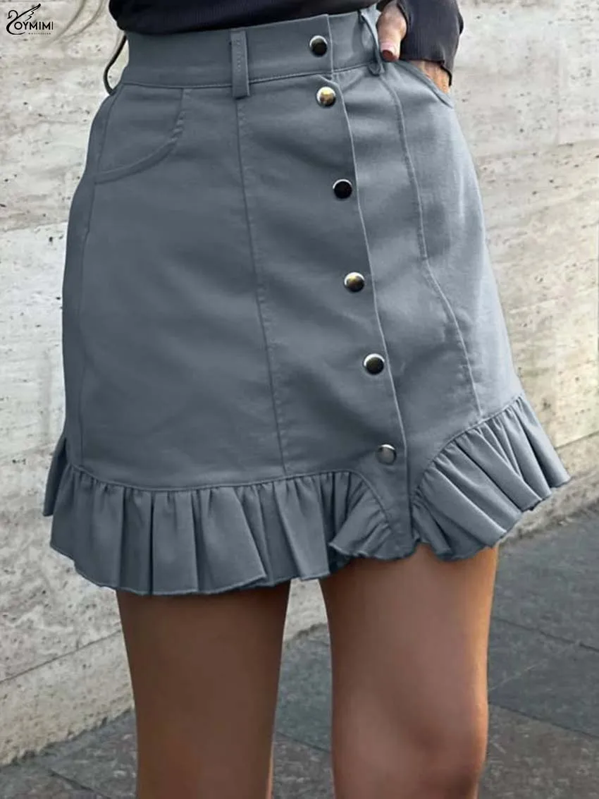 Oymimi Fashion Grey Slim Women's Skirts Elegant High Waisted Single Breasted Skirts Summer Ruffled Pockets Mini Skirt Streetwear