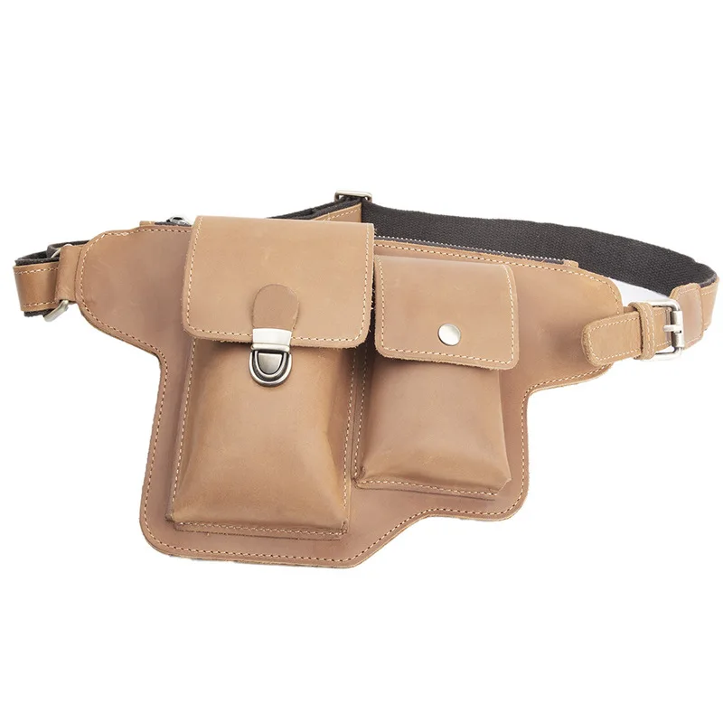 Leather men's bag, men's waist bag, crossbody bag, retro handmade fringed top-grain cowhide mobile phone bag