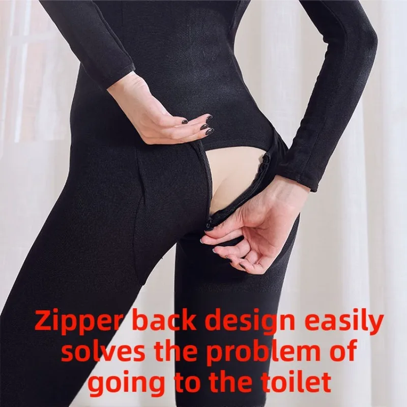 ‌ بدلة حرارية بسحاب خلفي غير مرئي مبطن بالصوف مقاس كبير جوارب طويلة عارية نمط كامل الجسم ملابس داخلية دافئة للنساء للشتاء