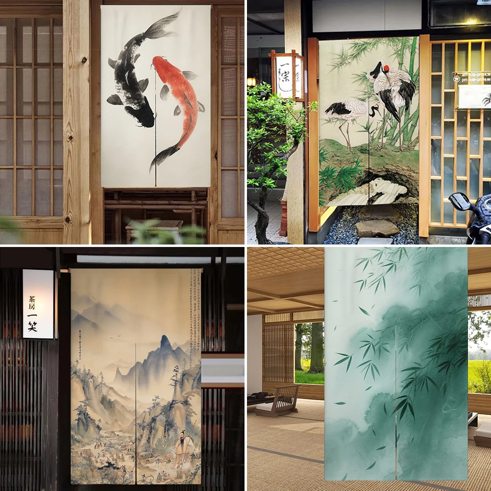 Chinese Landscape Koi Lotus Door Curtain Noren Restaurant Kitchen Japanese Room Partition Room Entrance Feng Shui Half-Curtain