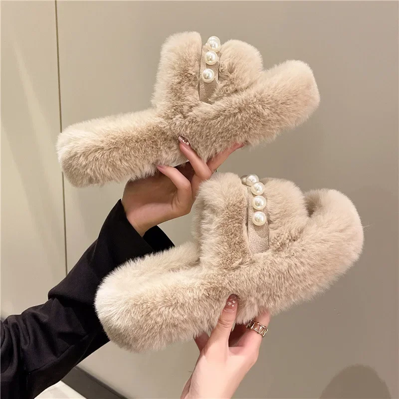 Women\'s Fur Slides for home Fashion Rhinestones Winter Warm Plush Ladies Slippers indoor Ladies Cotton Shoes Furry Flip Flops