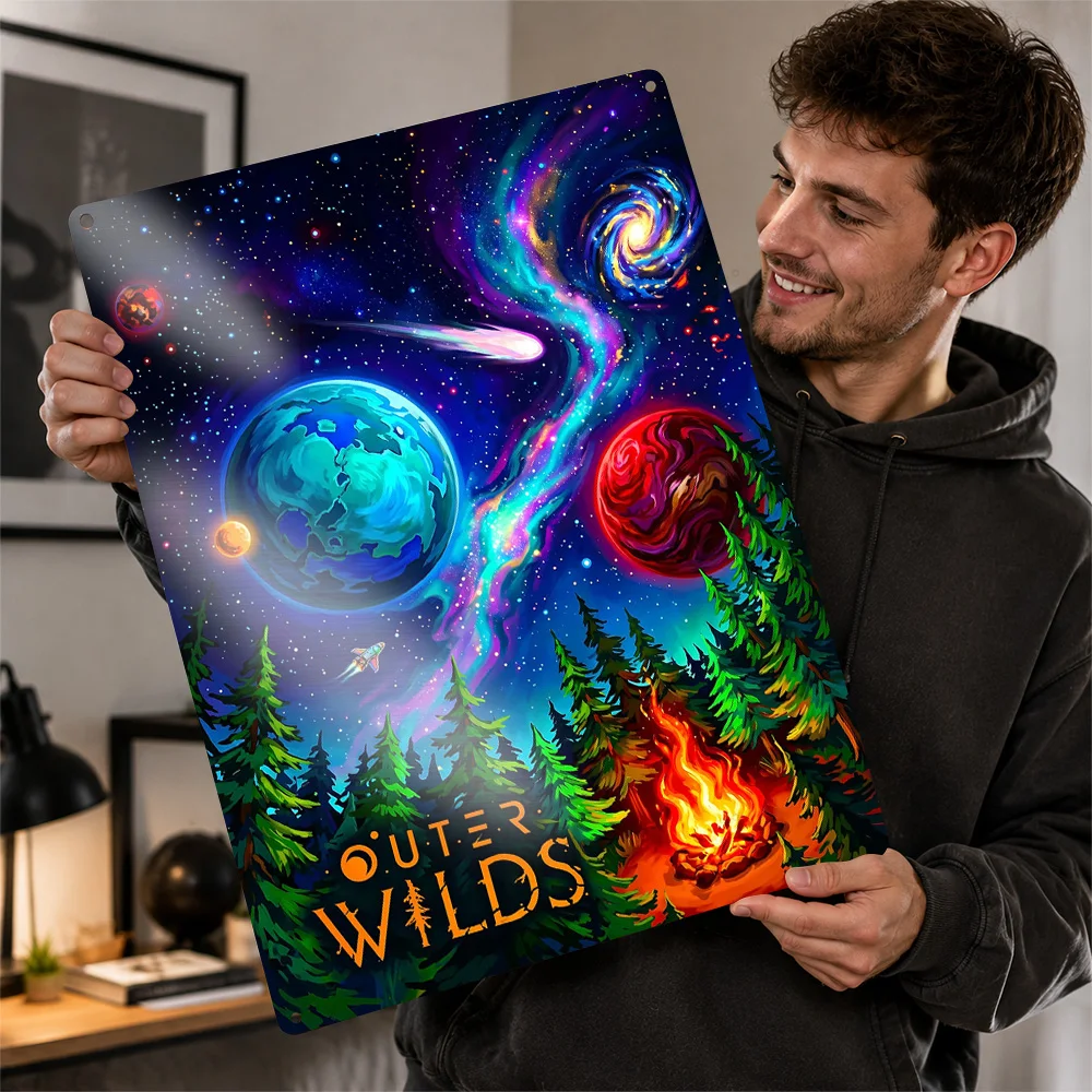 Outer Wilds Cosmic Campfire Printed Poster Illustrated Wall Art For Gaming Room Customized Aluminum Metal Sign Birthday Gift