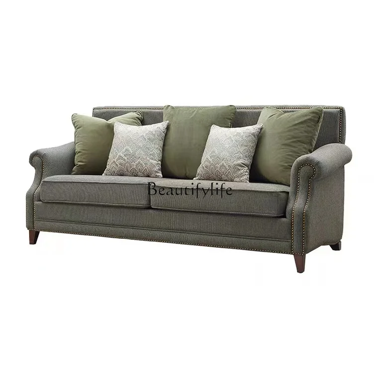 

American Style Solid Wood Fabric Sofa Vintage Pastoral Style Living Room Green Cotton Linen Three-Seater Set