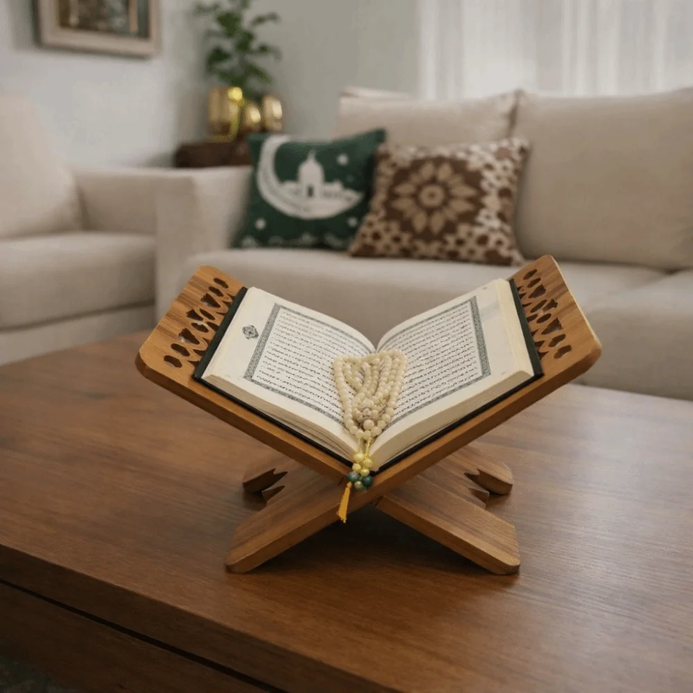Image of Robuster Koranhalter aus Holz mit Blumenmuster, eleganter Stil, abnehmbares Regal für heilige Bücher, ausgehöhltes Rezept-Aufbewahrungsregal, islamisch
