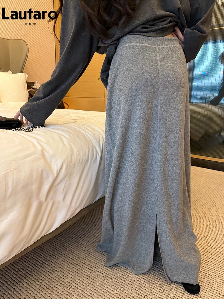 Lautaro Spring Extra Long Grey Soft Flowy Floor Length Skirt Women Drawstring Waist  Back Slit Loose Casual Fall Cothes