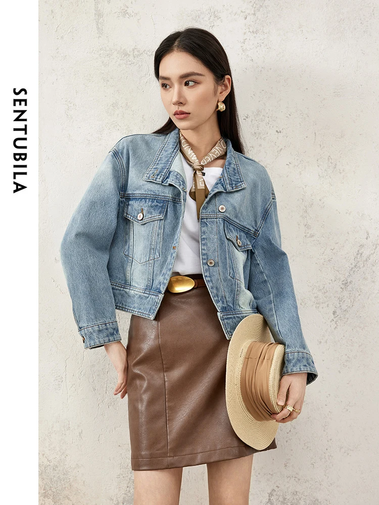 SENTUBILA Cotton 100% Washed Short Denim Jacket 2024 Spring Stand Collar Single Breasted Long Sleeve Cropped Outerwear W41W53404