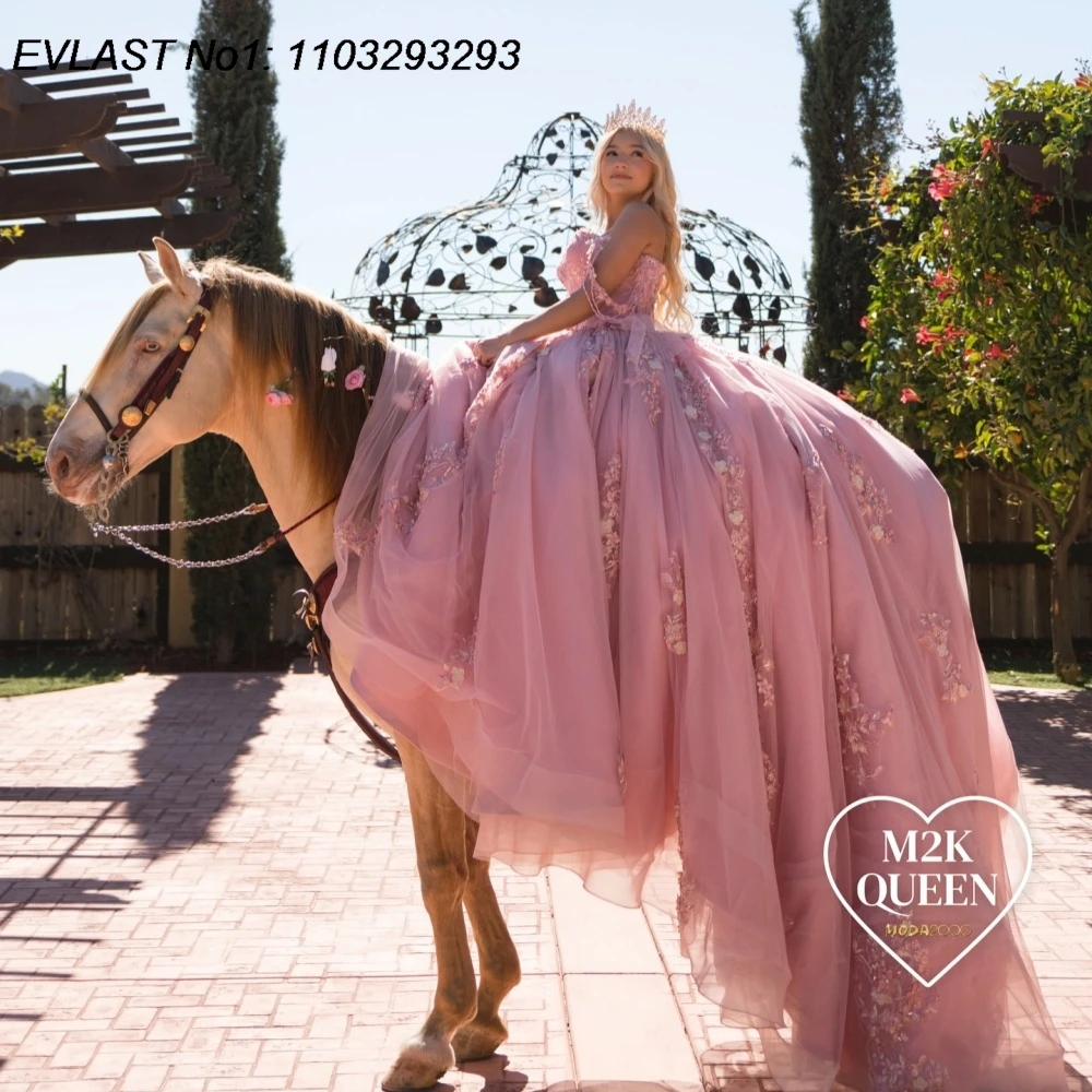 

EVLAST индивидуальное розовое бальное платье Charro Quinceanera платье с цветочной аппликацией и бисером с бантом корсет Sweet 16, Vestidos De 15 Anos E1Q883