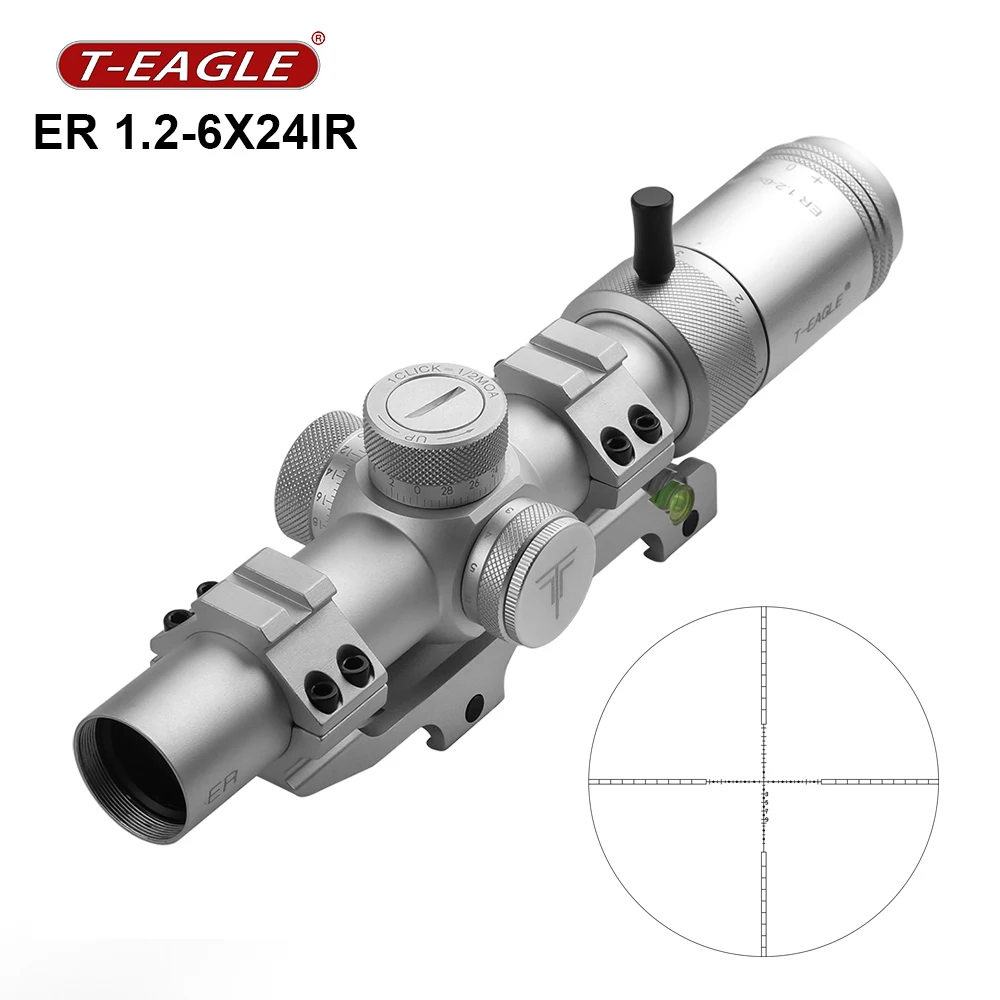 T-eagle ER 1.2-6X24 IR Tactical Riflescope Silver Color Short Scope LPVO Airsoft Optic Sight For Hunting and Shotting Lunette