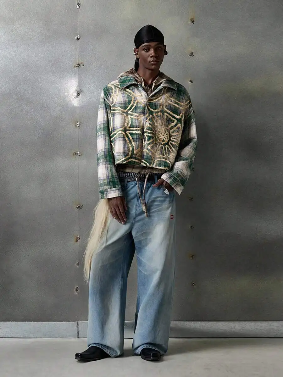 

Men's Oversized Plaid Shirt with Geometric Embroidery, Casual Long Sleeve