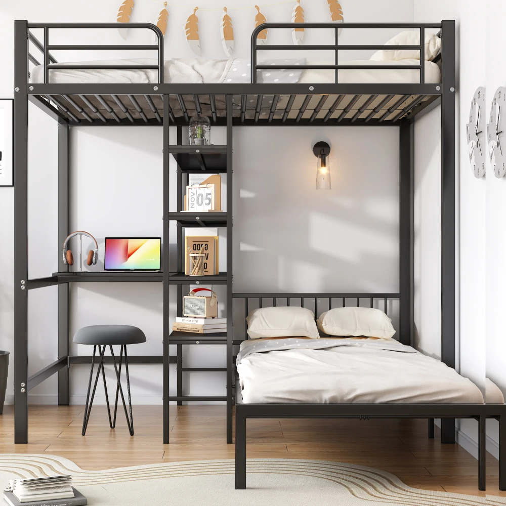 Iron Frame Bed with Table and Shelves with Five-step Right-angled Ladder Four Side Rails for Children and Teenagers 90x200cm