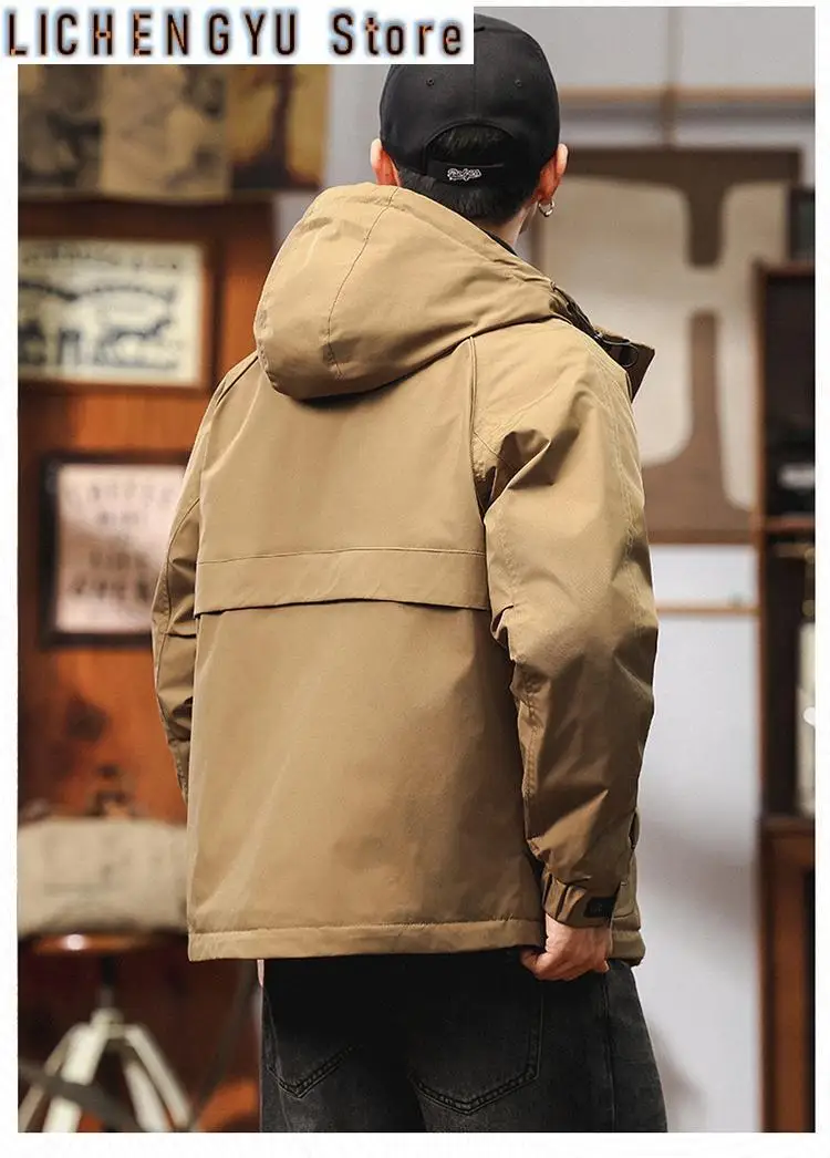 Fall Winter Men's Thickened Padded Jacket Workwear Outdoor Hooded Coats Loose-Fit Casual Windbreaker Jacket With Cotton Lining