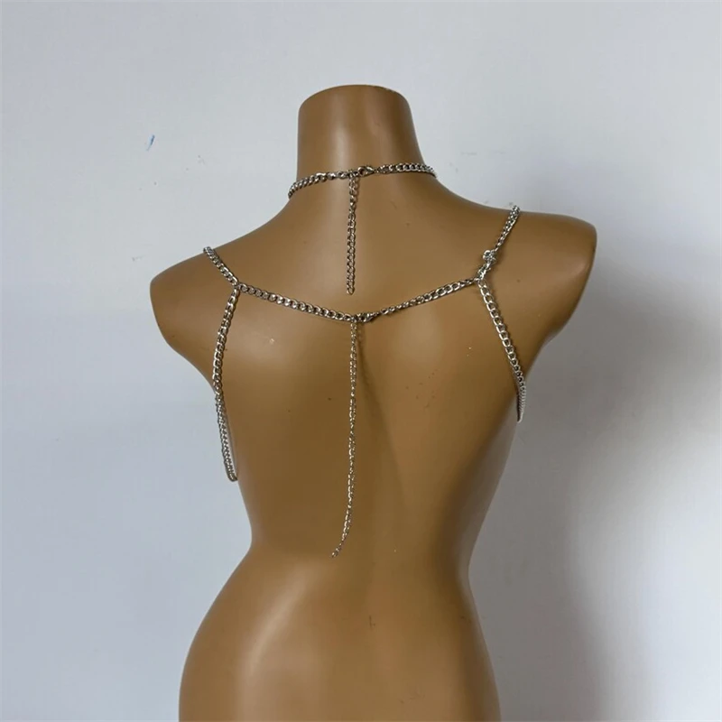Metall-Körperketten-Crop-Tops Harness für Frauen, mehrschichtige Brust- und Taillenkette, Halskette für Nachtclub-Party, Bikini-Körperketten, verstellbare Überzüge. – Detail 6