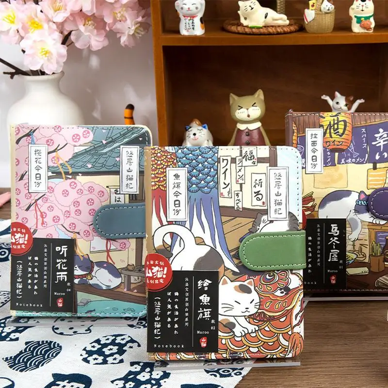 Cuaderno de gato de dibujos animados con broche magnético, cuaderno de bocetos japonés, cuaderno de viaje, diario para estudiantes para amantes de