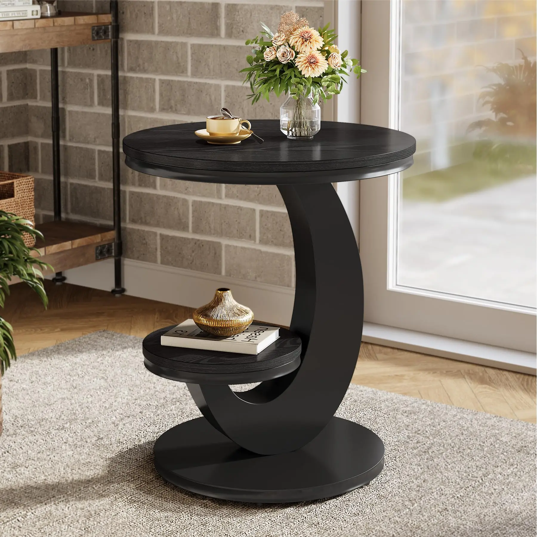 

#ji 2 Tier Round End Table With Storage Shelf Wood Metal Arc Frame Side Table Nightstand For Small Space Living Room Bedroom