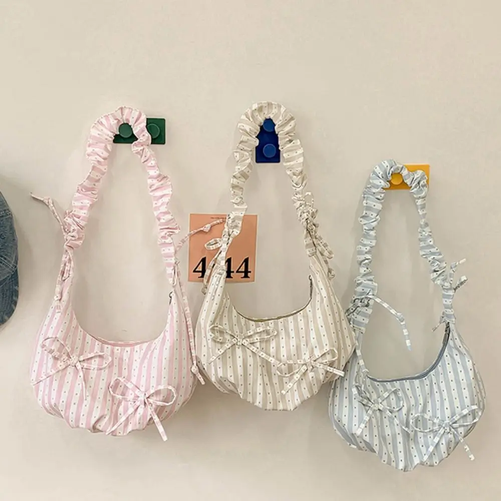 

Sweet Cloth Dumpling Bag Stripe Fresh Color Bowknot Tote Bag Pastoral Style Underarm Bag Pleated Shoulder Bag Shopping