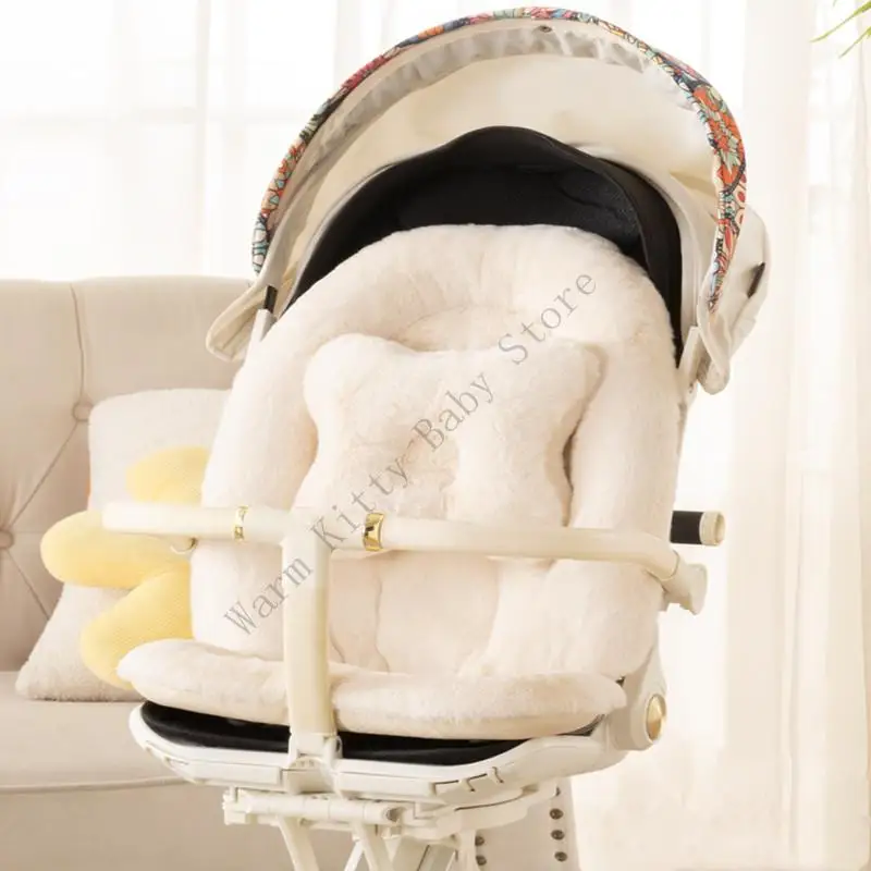 New Solid Color Thicken Plush Baby Stroller Cushion with Matching Pillow Winter Autumn Warm Pushchair Liner Pad