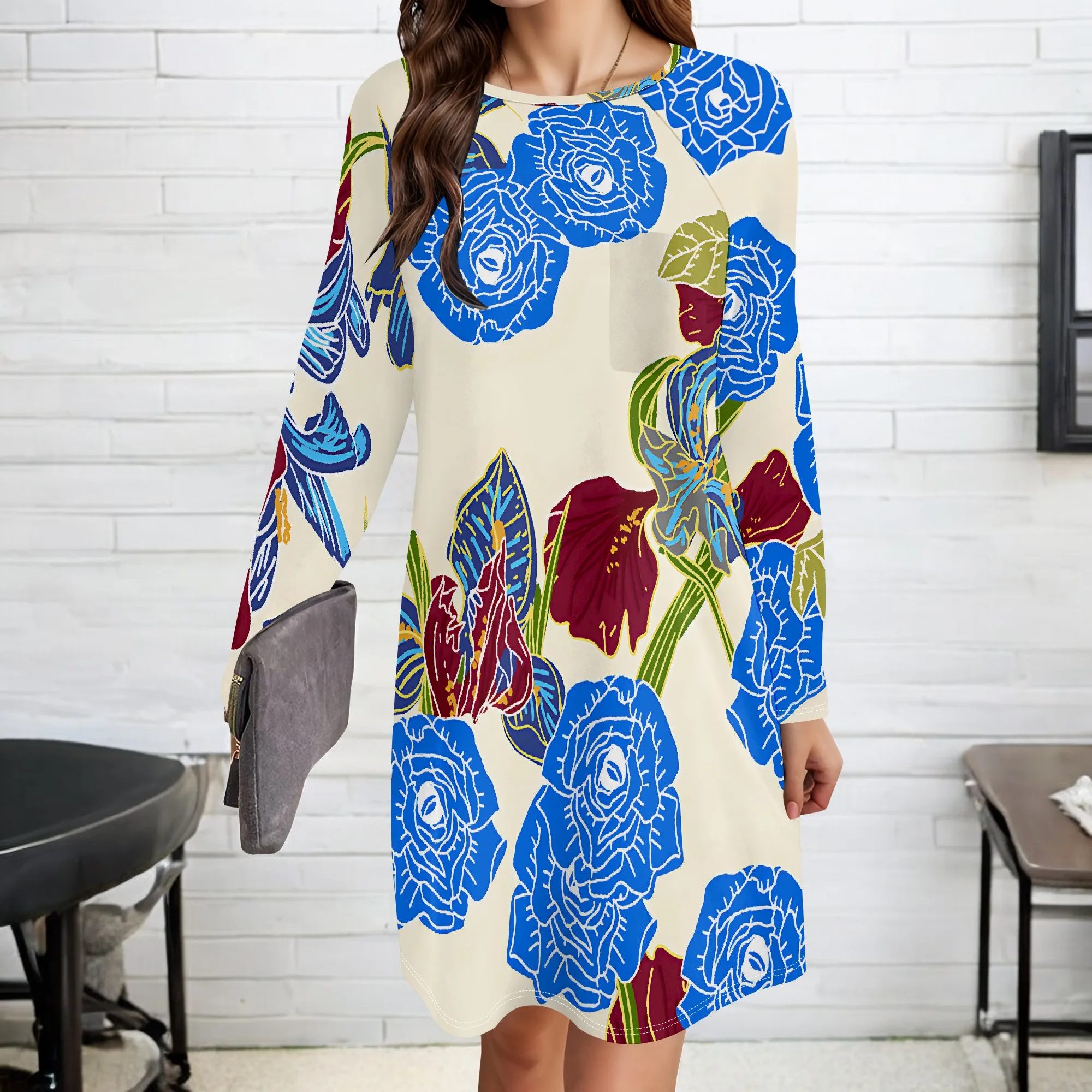 

Women's Summer Autumn 3D Fashion Printed Retro Long Sleeve Round Neck Dress