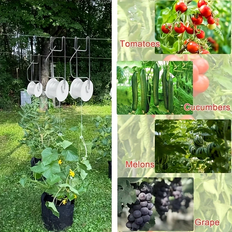 6pcs Tomato Roller Hooks Galvanized Steel Wire PP Heat Resistant Space Saving 15m Twine Vine Crop Trellis Roller Hooks for Cucu