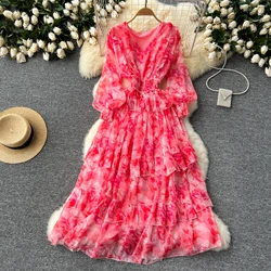 Chic Ruffle print V Neck Dress Chiffon A-line Casual Korean Fashion Women Elegant Vestidos summer sweet dresses