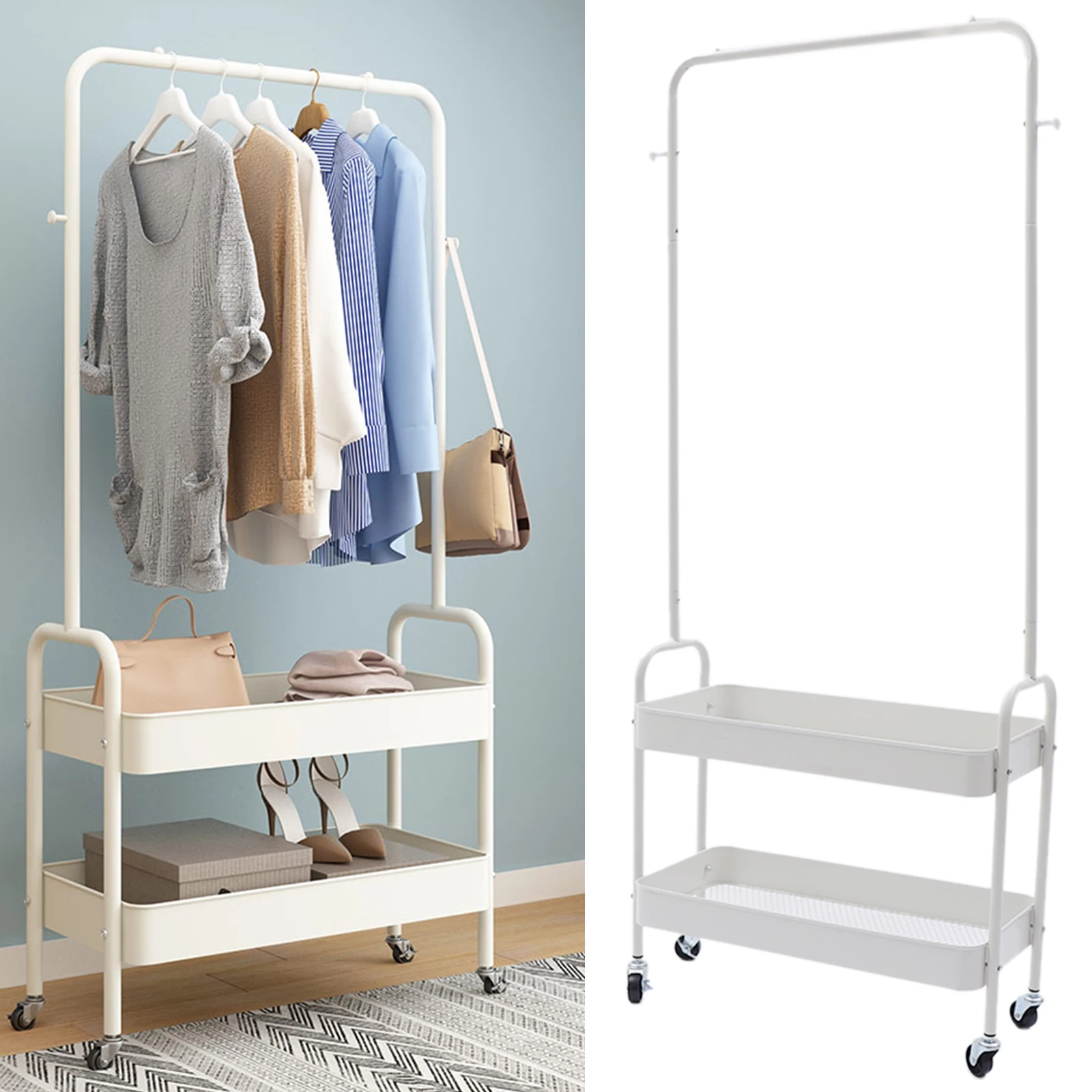 

Free-Standing Rolling Garment Rack with 2 Tier Metal Basket Rolling Storage Cart Clothes Hanging Organizer Coat Rack Storage