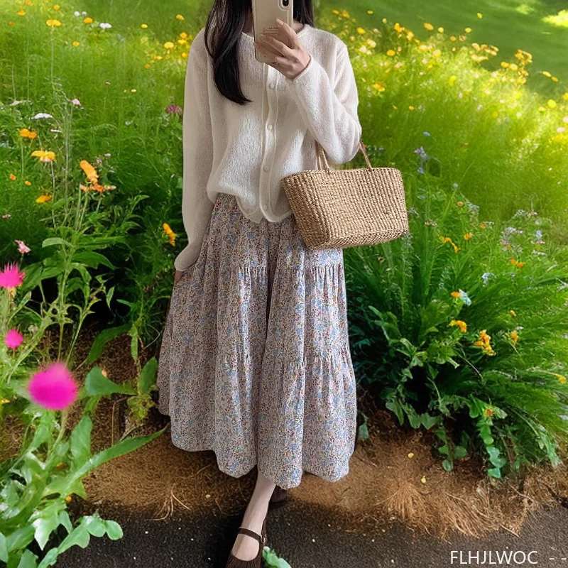 Village Rustic Country Style Cute Skirt New Design Women Sweet Japan Girls Holiday Date Retro Vintage Flower Floral Long Skirts