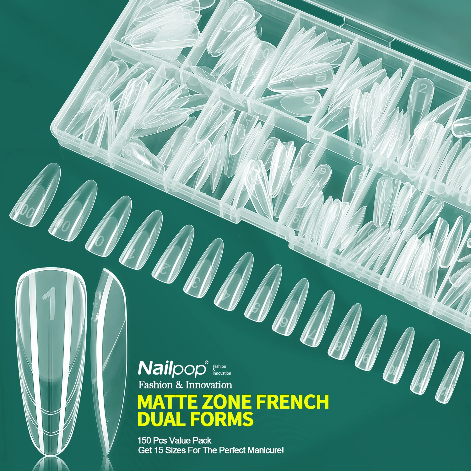 

Nailpop French Zone Dual Nail Forms 15 Sizes Ultra Tough Professional Easy Reusable Acrylic Gel Extension French Art Tips 150pcs