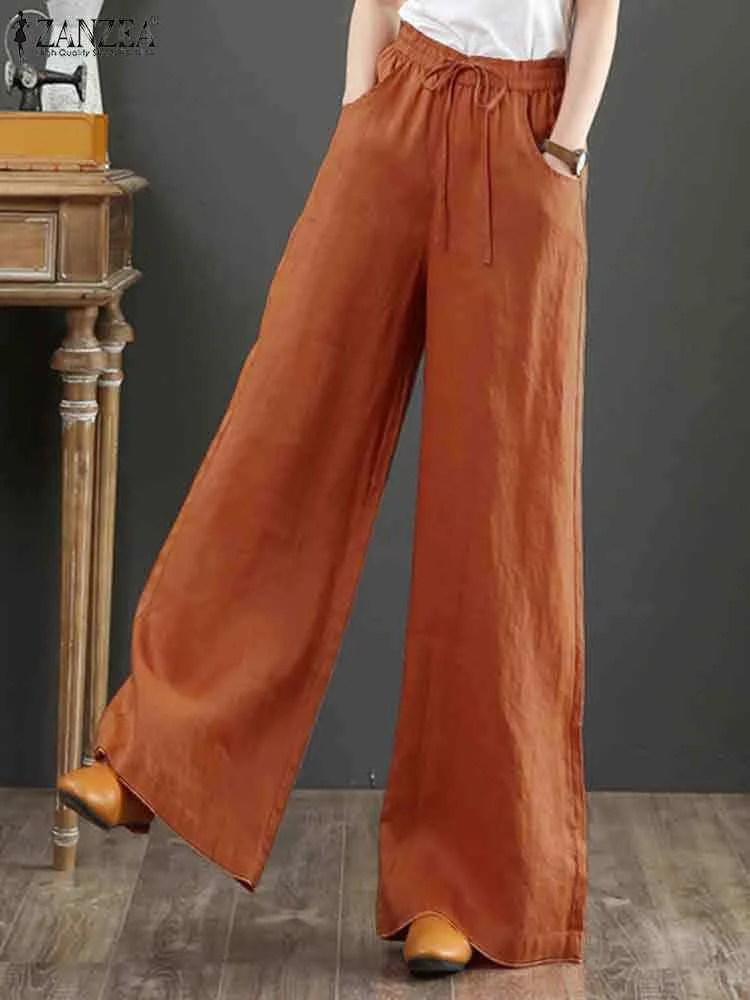 Spring Summer 2023 ZANZEA Women Wide Leg Pants Elegant High Waist Solid Flare Pant Casual Loose Long Trouser Pantalon Streetwear