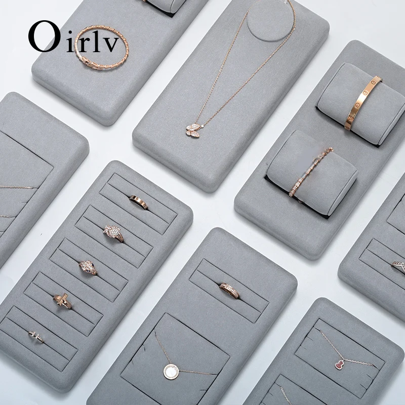 Oirlv Light Grey Microfiber Jewelry Display Set for Earring Ring Necklace Bangle Shop Trays Counter Jewelry Display Props