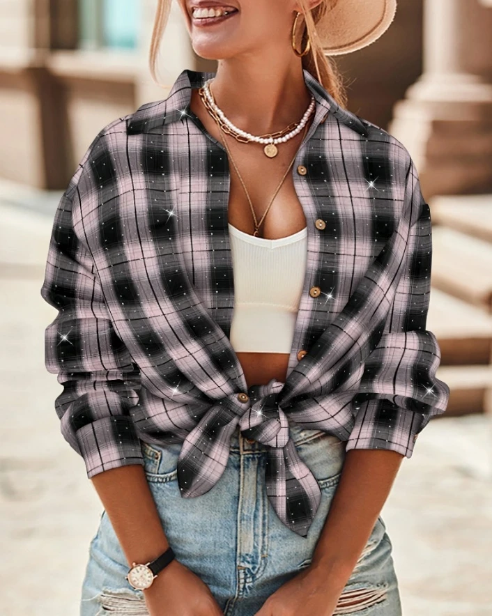 

Woman Blouse 2024 Spring Fashion Plaid Print Rhinestone Button Down Turn-Down Collar Long Sleeve Casual Daily Shirt Top